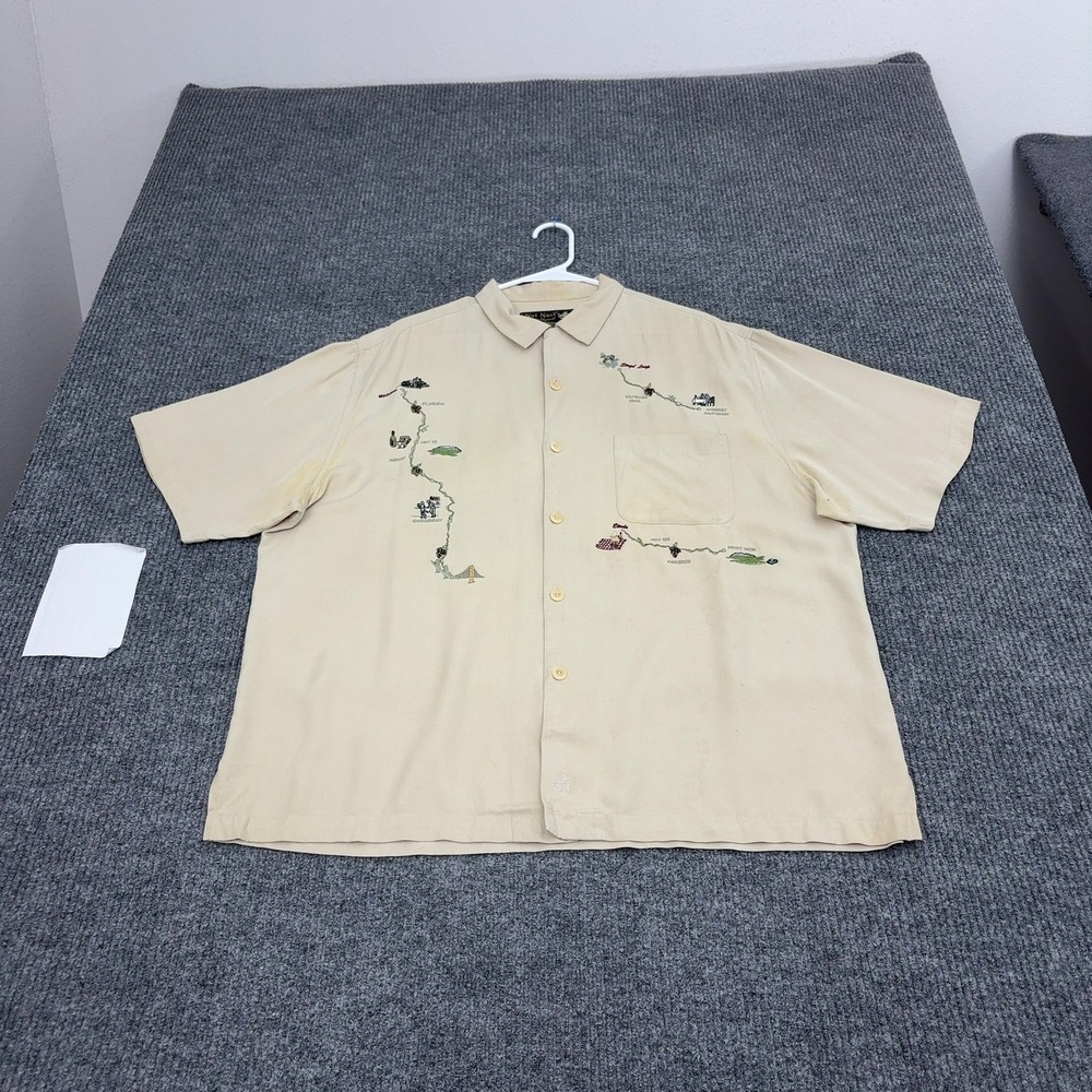 Nat Nast Shirt Mens 26x30 Tan Silk Napa Valley Wine Trail Embroidered Casual